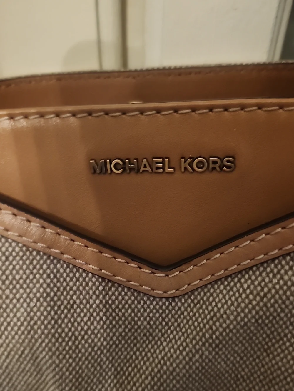 Michael Kors Beige Canvas Shoulder Bag with Tan Leather Trim